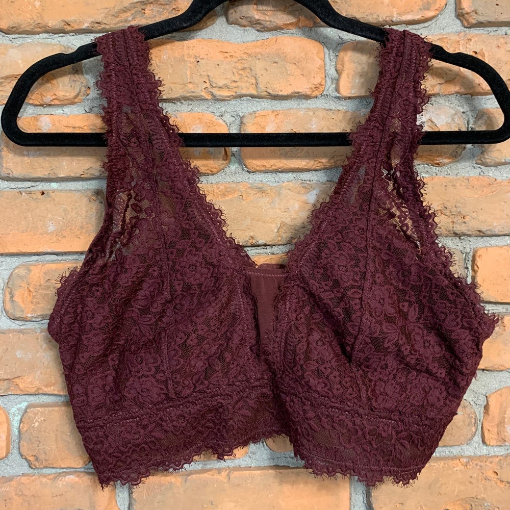 Aerie Women's Floral Eyelash Lace Plunge Wireless Bralette Wine Purple - Size XL